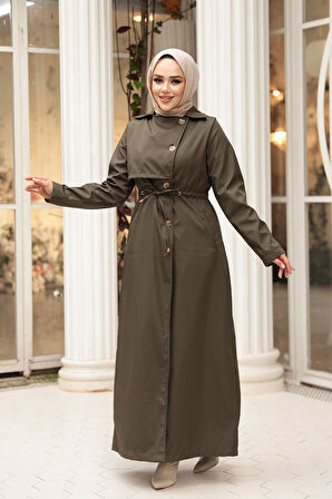 Düğmeli Haki Tesettür Trençkot 62231HK