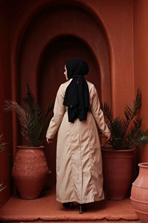 Düğmeli Bej Tesettür Trençkot 62231BEJ