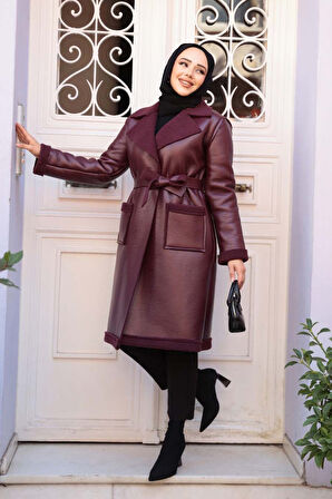Kürk Detaylı Bordo Tesettür Suni Deri Mont 62391BR