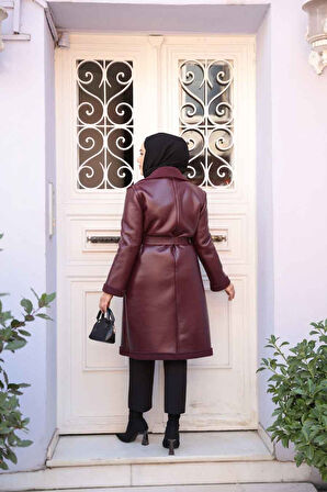 Kürk Detaylı Bordo Tesettür Suni Deri Mont 62391BR