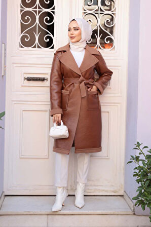 Kürk Detaylı Taba Tesettür Suni Deri Mont 62391TB