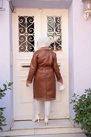 Kürk Detaylı Taba Tesettür Suni Deri Mont 62391TB