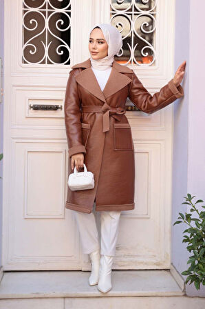 Kürk Detaylı Taba Tesettür Suni Deri Mont 62391TB