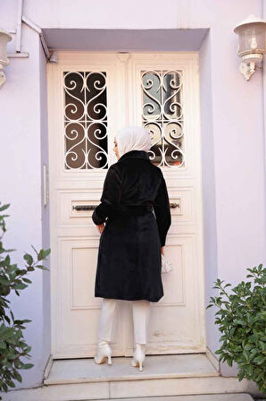 Kemerli Siyah Tesettür Süet Kap 62451S