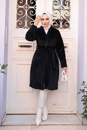 Kemerli Siyah Tesettür Süet Kap 62451S