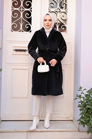 Kemerli Siyah Tesettür Süet Kap 62451S