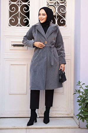 Kemerli Gri Tesettür Süet Kap 62451GR