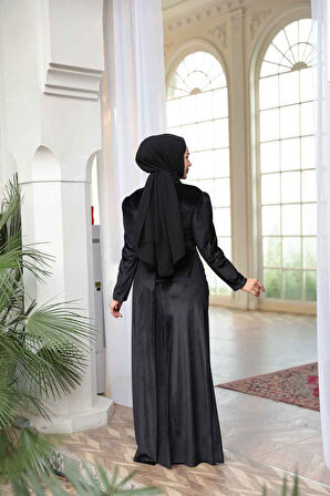 - Kuyruk Detaylı Siyah Tesettür Kadife Abiye Elbise 57912S