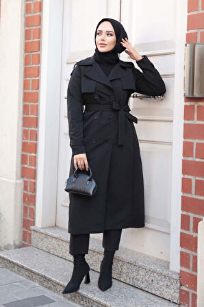 Kemerli Siyah Tesettür Trençkot 62481S