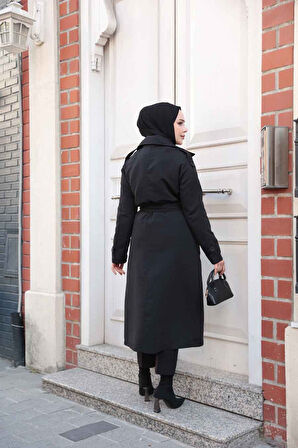 Kemerli Siyah Tesettür Trençkot 62481S