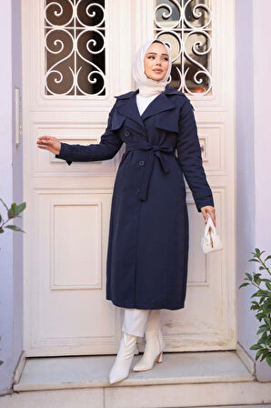 Kemerli Lacivert Tesettür Trençkot 62481L