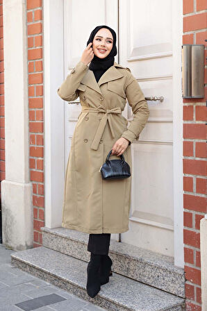 Kemerli Açık Haki Tesettür Trençkot 62481AHK