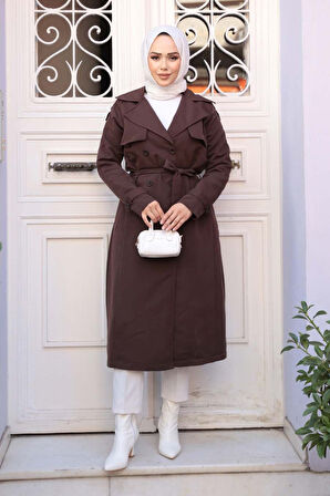 Kemerli Kahverengi Tesettür Trençkot 62481KH