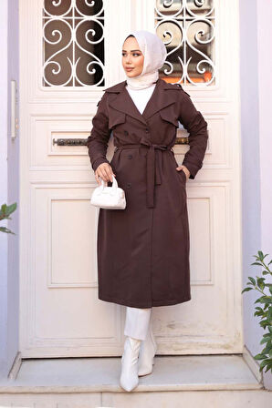 Kemerli Kahverengi Tesettür Trençkot 62481KH