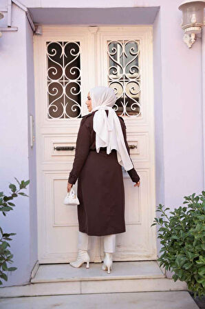 Kemerli Kahverengi Tesettür Trençkot 62481KH