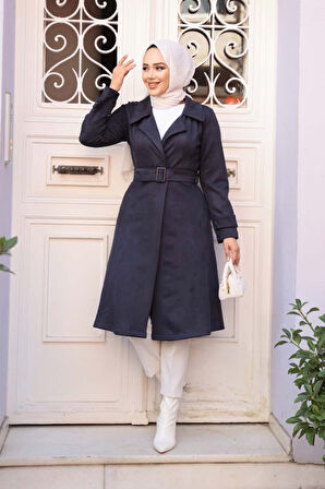 Tokalı Kemerli Lacivert Tesettür Süet Kap 62461L