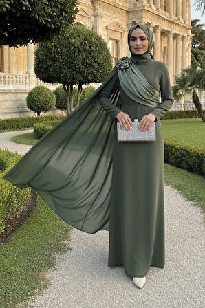 - Pelerin Detaylı Haki Tesettür Saten Abiye Elbise 57913HK