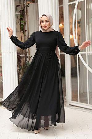 - Balon Kol Siyah Tesettür Abiye Elbise 62381S