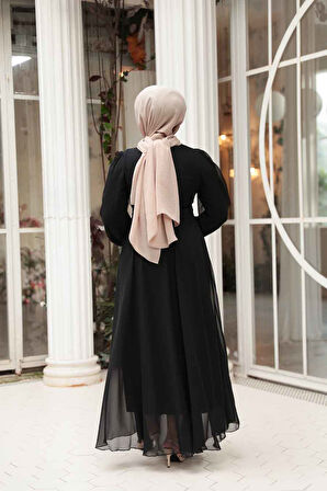 - Balon Kol Siyah Tesettür Abiye Elbise 62381S