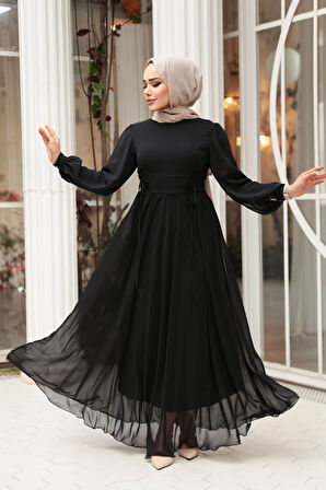 - Balon Kol Siyah Tesettür Abiye Elbise 62381S