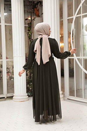 - Balon Kol Haki Tesettür Abiye Elbise 62381HK