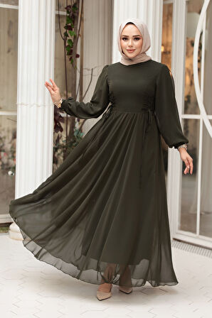- Balon Kol Haki Tesettür Abiye Elbise 62381HK