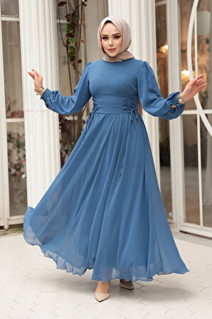 - Balon Kol Mavi Tesettür Abiye Elbise 62381M