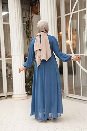 - Balon Kol Mavi Tesettür Abiye Elbise 62381M