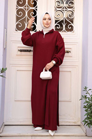 Fitilli Bordo Triko Tesettür İkili Takım 17207BR