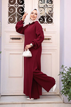 Fitilli Bordo Triko Tesettür İkili Takım 17207BR