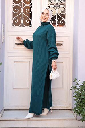 Fitilli Petrol Yeşili Triko Tesettür İkili Takım 17207PY
