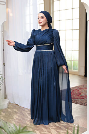 - Pelerin Detaylı Lacivert Tesettür Abiye Elbise 53021L