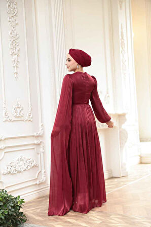 - Pelerin Detaylı Bordo Tesettür Abiye Elbise 53021BR