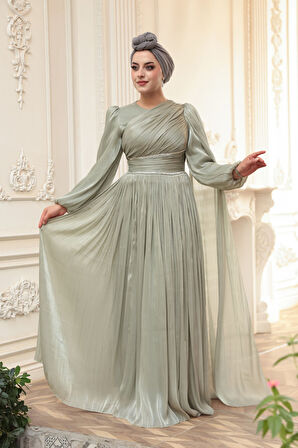 - Pelerin Detaylı Mint Tesettür Abiye Elbise 53021MINT