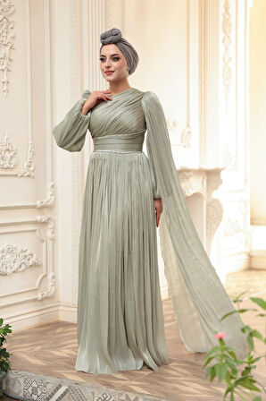 - Pelerin Detaylı Mint Tesettür Abiye Elbise 53021MINT
