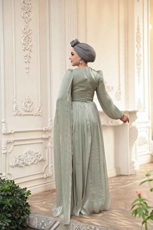 - Pelerin Detaylı Mint Tesettür Abiye Elbise 53021MINT