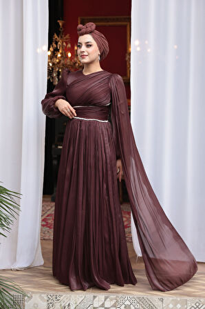 - Pelerin Detaylı Kahverengi Tesettür Abiye Elbise 53021KH