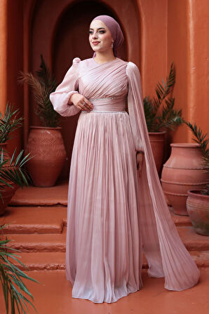 - Pelerin Detaylı Pudra Tesettür Abiye Elbise 53021PD