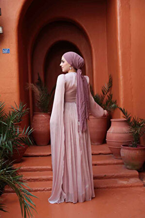 - Pelerin Detaylı Pudra Tesettür Abiye Elbise 53021PD