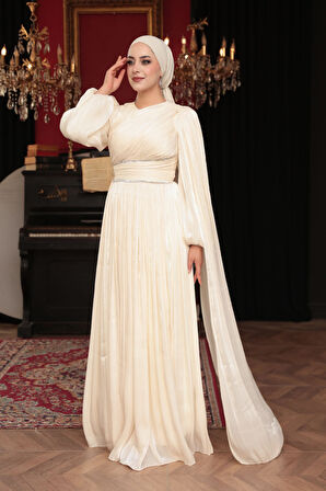 - Pelerin Detaylı Ekru Tesettür Abiye Elbise 53021E