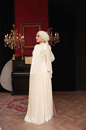 - Pelerin Detaylı Ekru Tesettür Abiye Elbise 53021E
