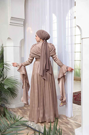 - Fırfır Detaylı Vizon Tesettür Abiye Elbise 53981V