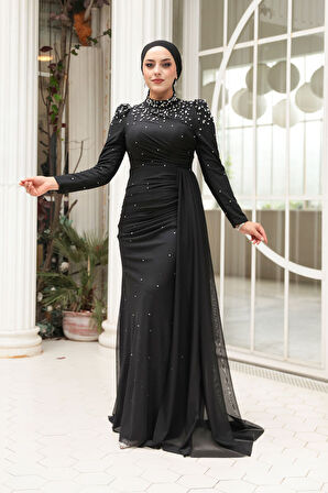 - Boncuk Detaylı Siyah Tesettür Abiye Elbise 54301S