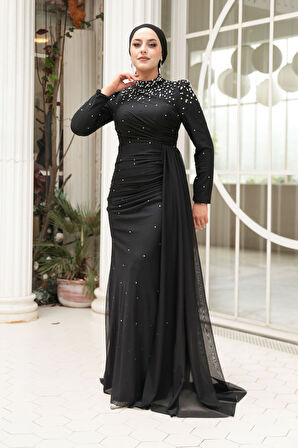 - Boncuk Detaylı Siyah Tesettür Abiye Elbise 54301S
