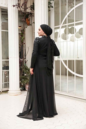 - Boncuk Detaylı Siyah Tesettür Abiye Elbise 54301S