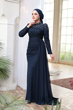 - Boncuk Detaylı Lacivert Tesettür Abiye Elbise 54301L