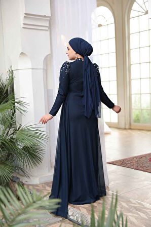 - Boncuk Detaylı Lacivert Tesettür Abiye Elbise 54301L