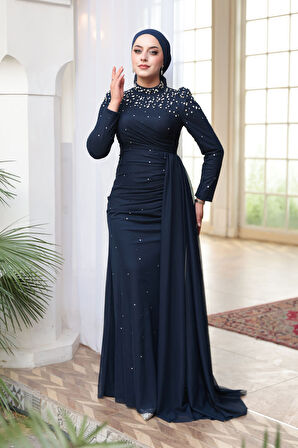 - Boncuk Detaylı Lacivert Tesettür Abiye Elbise 54301L