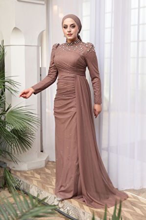 - Boncuk Detaylı Vizon Tesettür Abiye Elbise 54301V