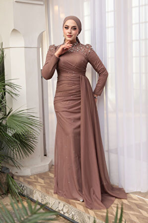 - Boncuk Detaylı Vizon Tesettür Abiye Elbise 54301V